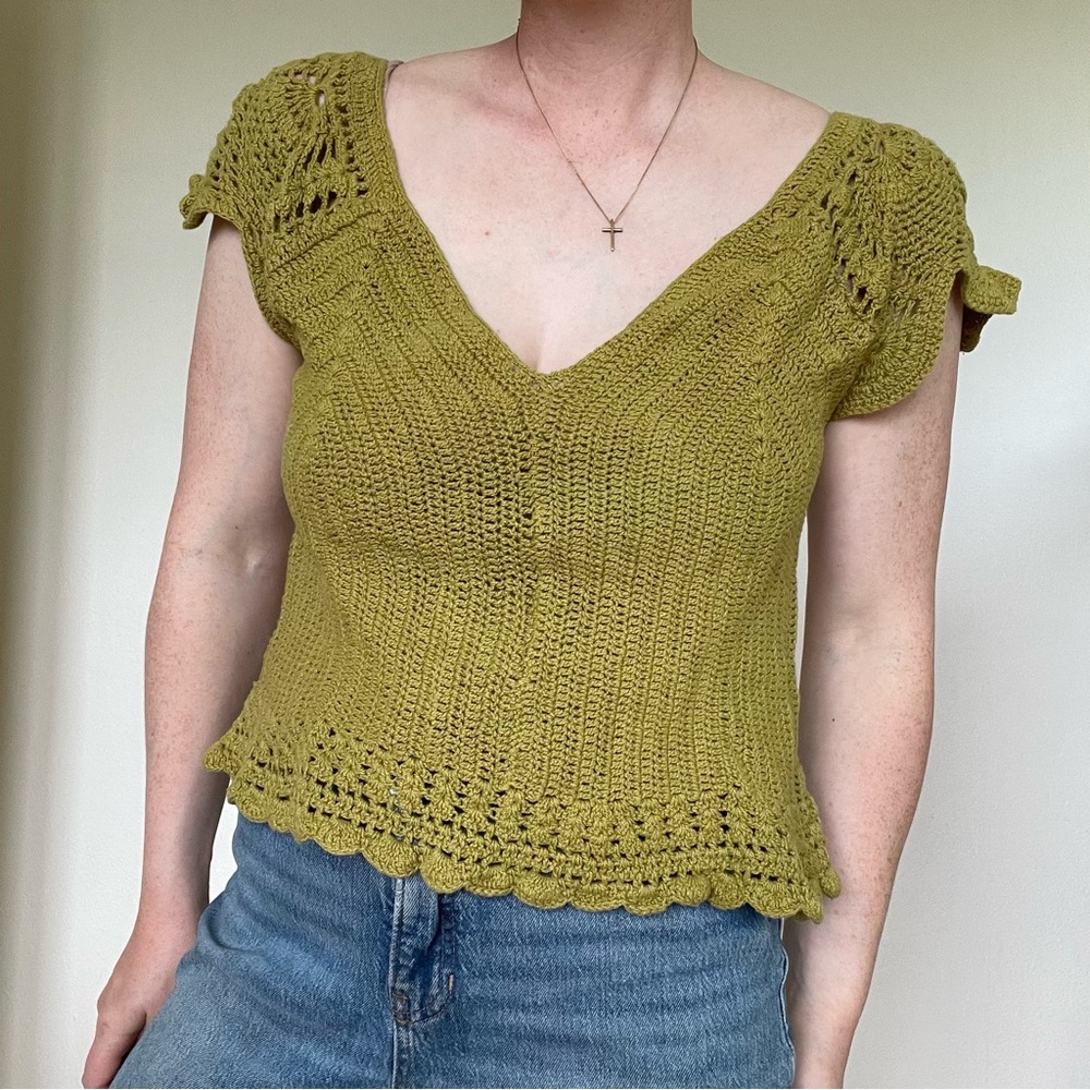 Earthbound Trading Co. green crochet top with tie back detail